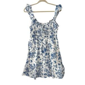 Popular 21 Large White Blue Floral Butterfly Mini Dress Cotton Boho Cottagecore
